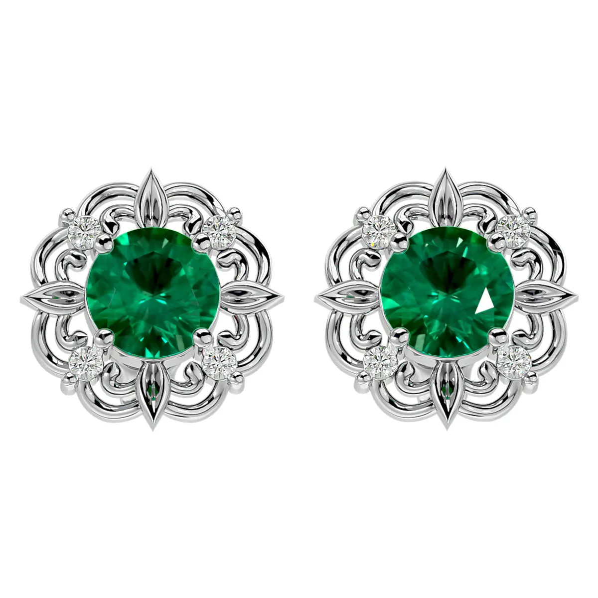 1 3/4 Carat Emerald And Diamond Antique Stud Earrings In 14 Karat White Gold