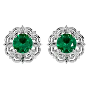 1 3/4 Carat Emerald And Diamond Antique Stud Earrings In 14 Karat White Gold