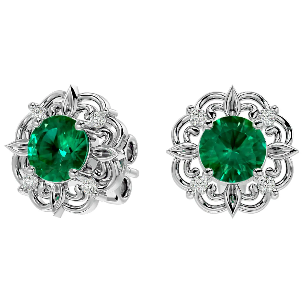 1 3/4 Carat Emerald And Diamond Antique Stud Earrings In 14 Karat White Gold