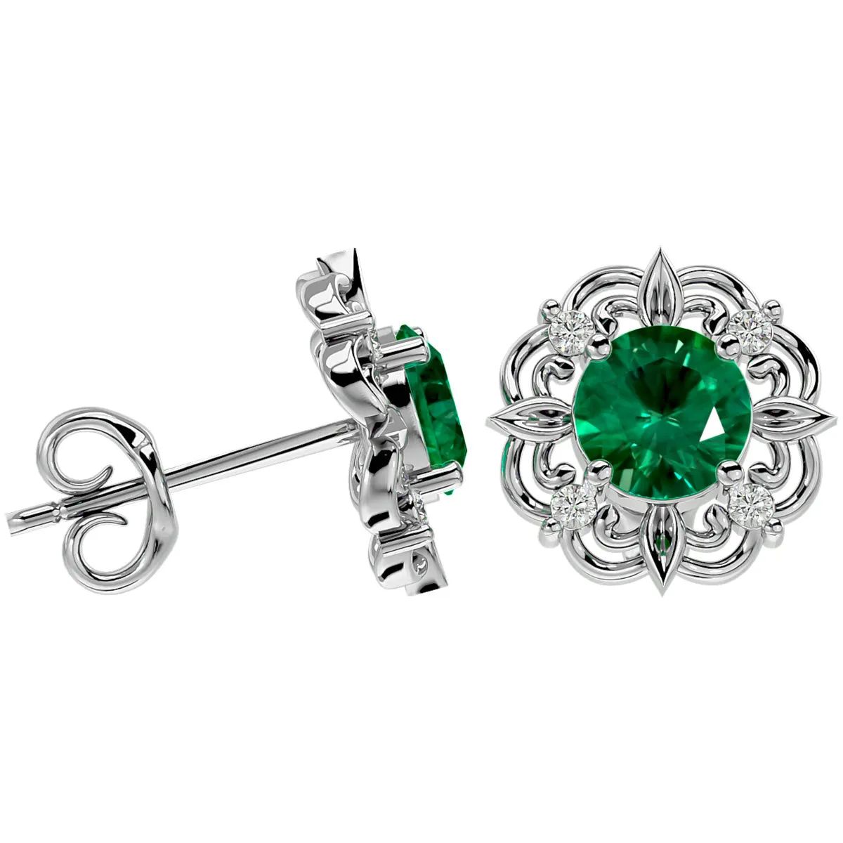 1 3/4 Carat Emerald And Diamond Antique Stud Earrings In 14 Karat White Gold