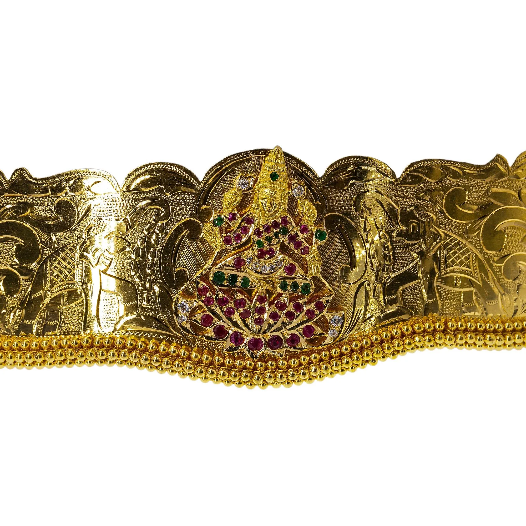 22K Yellow Gold Laxmi Vaddanam Waist Belt W/ Emeralds, Rubies, CZ Gems & Adjustable Belt