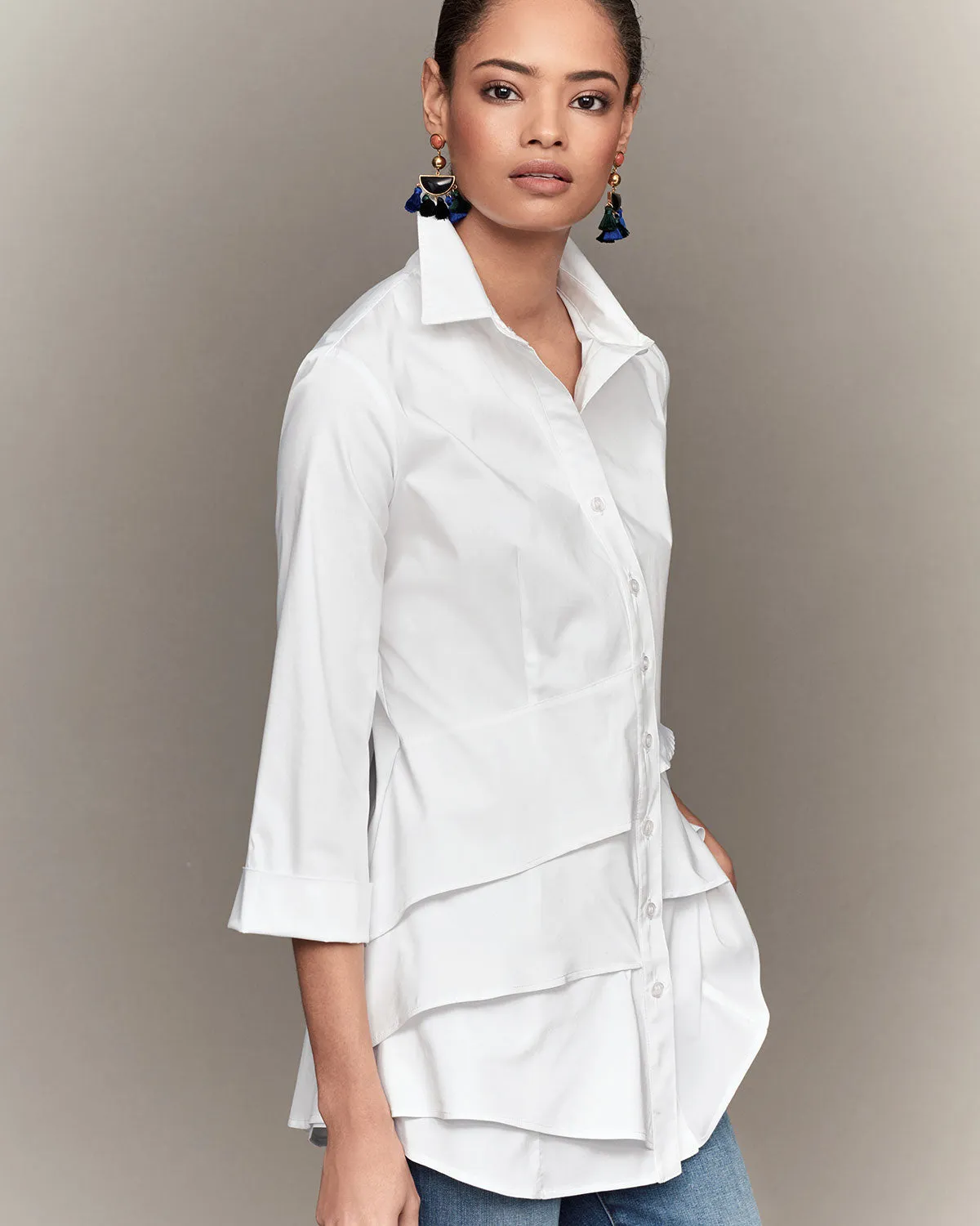 3/4 Sleeve Jenna White Shirt Silky Poplin