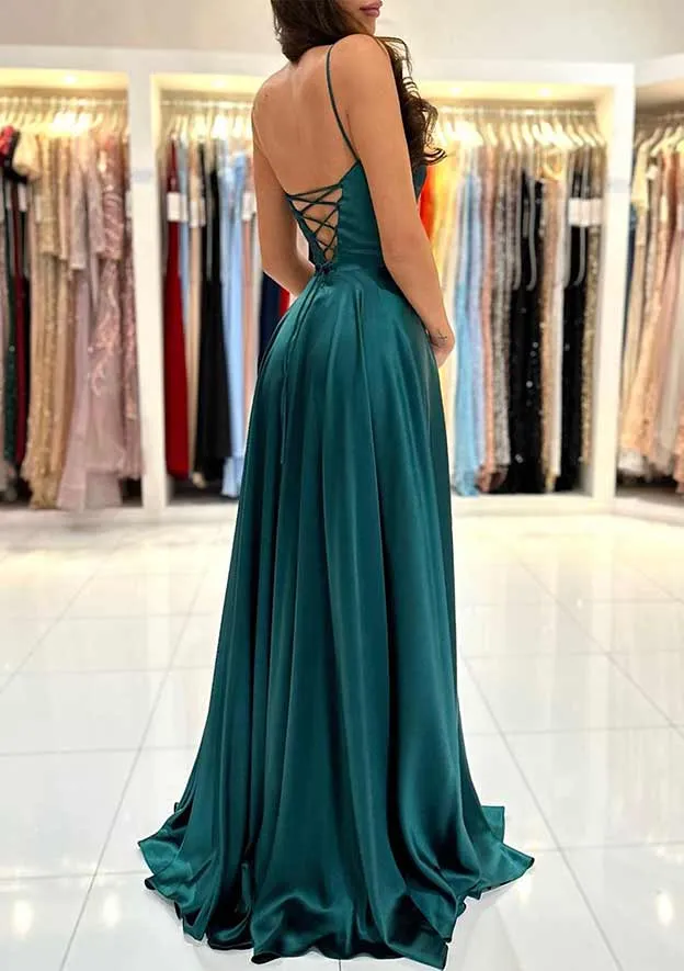 A-line Square Neckline Spaghetti Straps Backless Long Prom Dress with Split