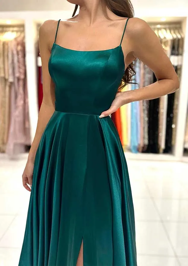 A-line Square Neckline Spaghetti Straps Backless Long Prom Dress with Split