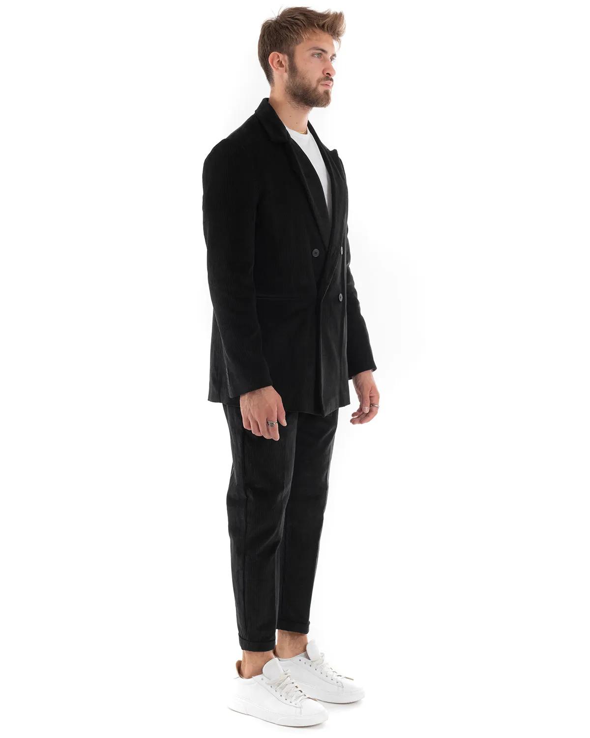 Abito Uomo Doppiopetto Vestito Velluto Completo Giacca Pantaloni Nero Elegante Cerimonia GIOSAL-OU2192A