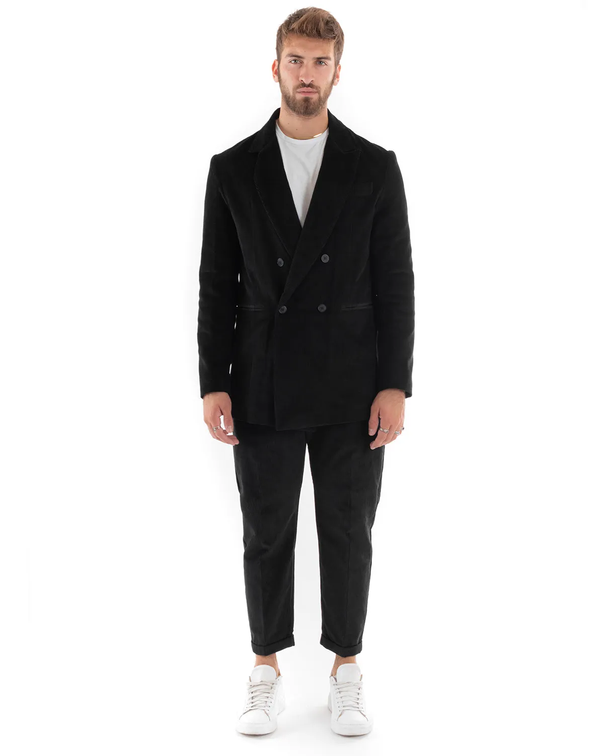 Abito Uomo Doppiopetto Vestito Velluto Completo Giacca Pantaloni Nero Elegante Cerimonia GIOSAL-OU2192A