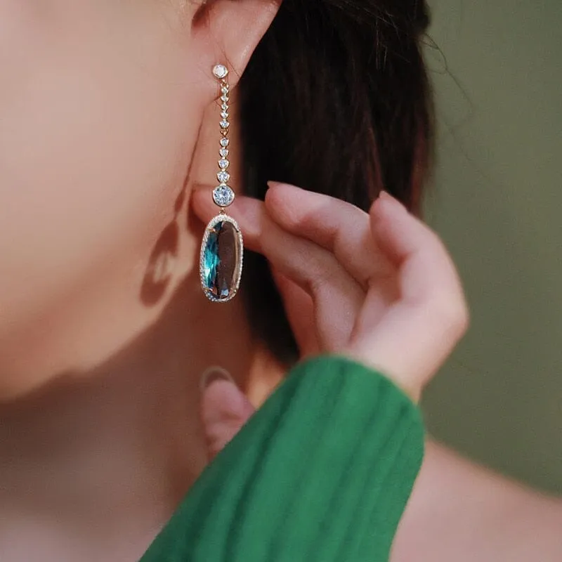 Aesthetic Luxury Aquamarine Long Dangling Earrings