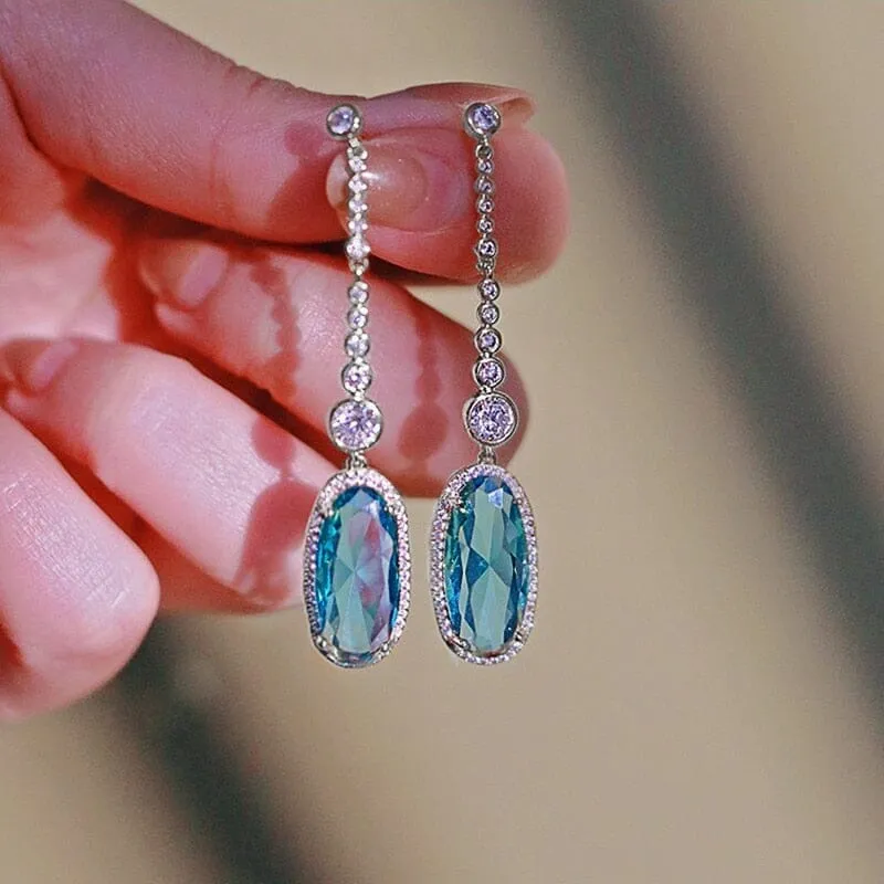 Aesthetic Luxury Aquamarine Long Dangling Earrings