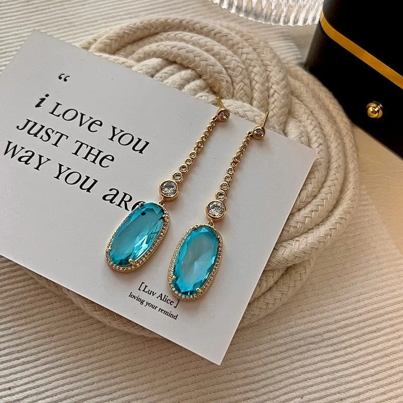 Aesthetic Luxury Aquamarine Long Dangling Earrings