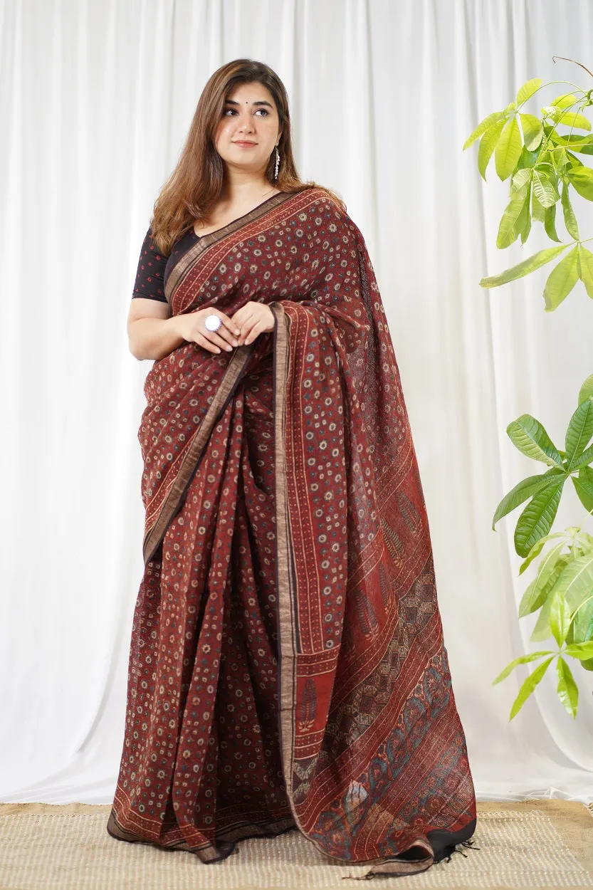 Ajrakh Hand Block Printed Linen Saree