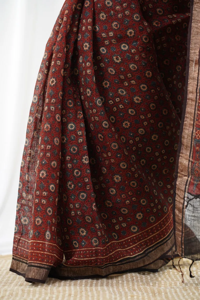 Ajrakh Hand Block Printed Linen Saree