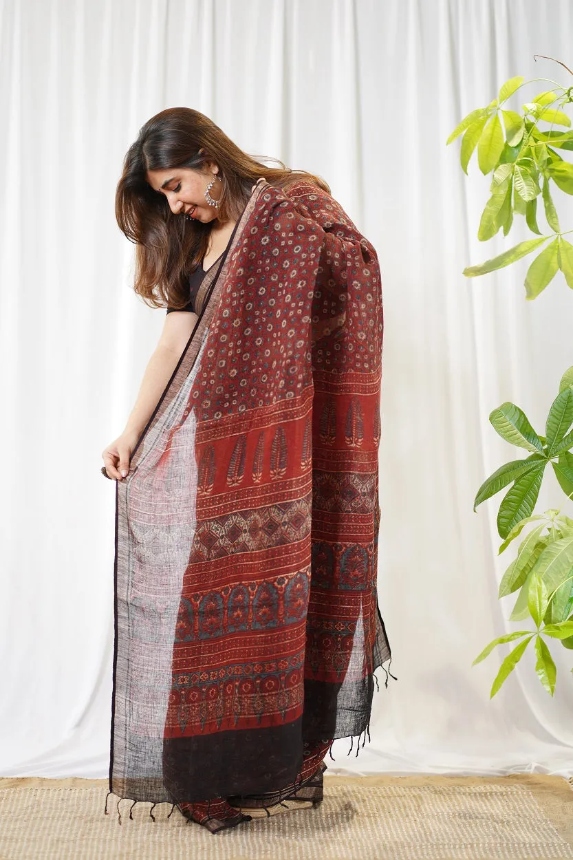 Ajrakh Hand Block Printed Linen Saree