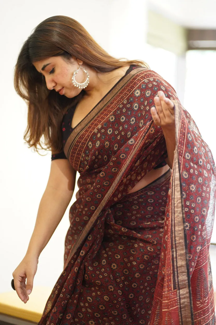 Ajrakh Hand Block Printed Linen Saree