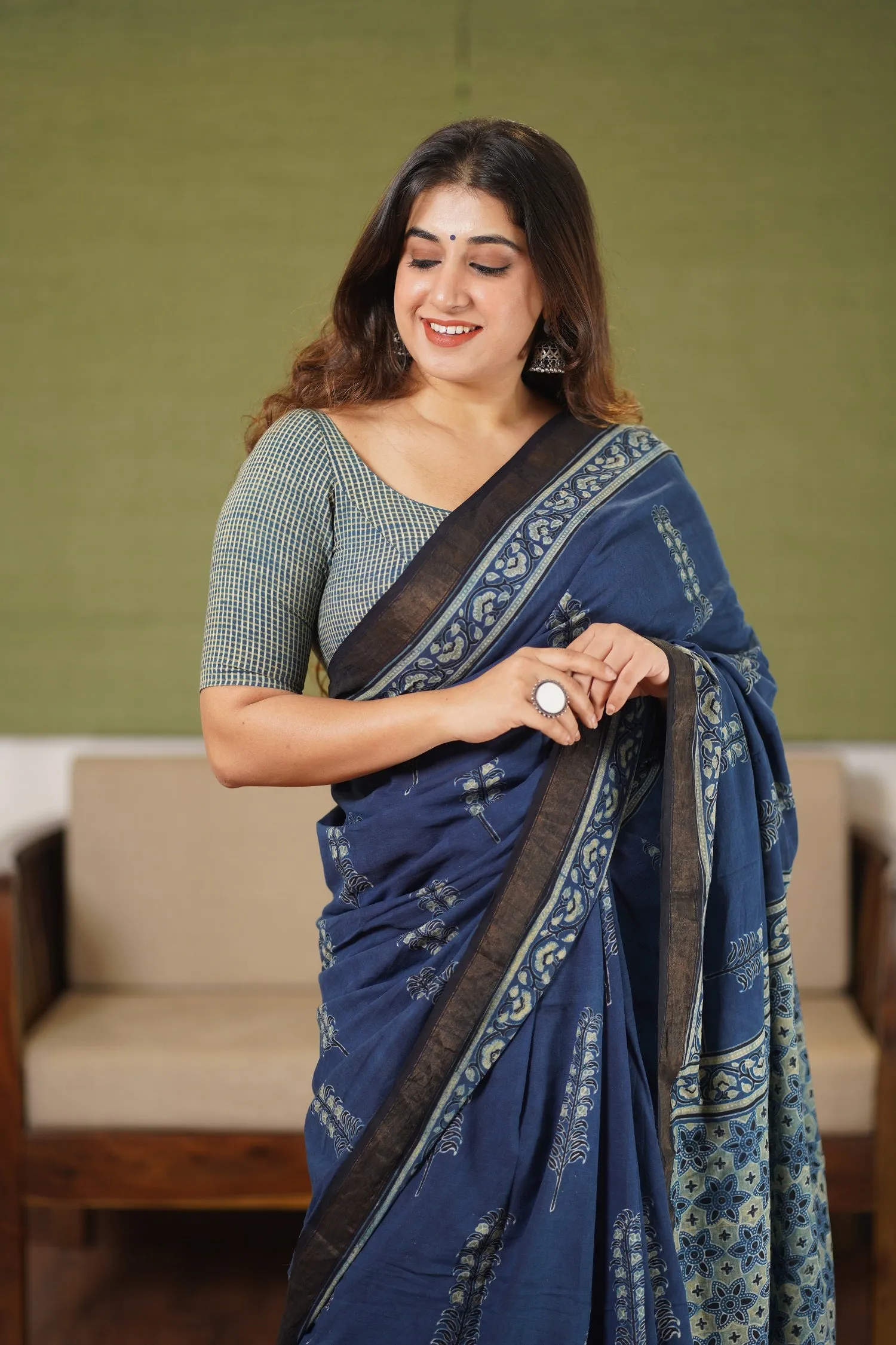 Ajrakh Natural Dyed South Cotton Zari Border Saree