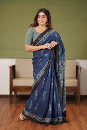 Ajrakh Natural Dyed South Cotton Zari Border Saree