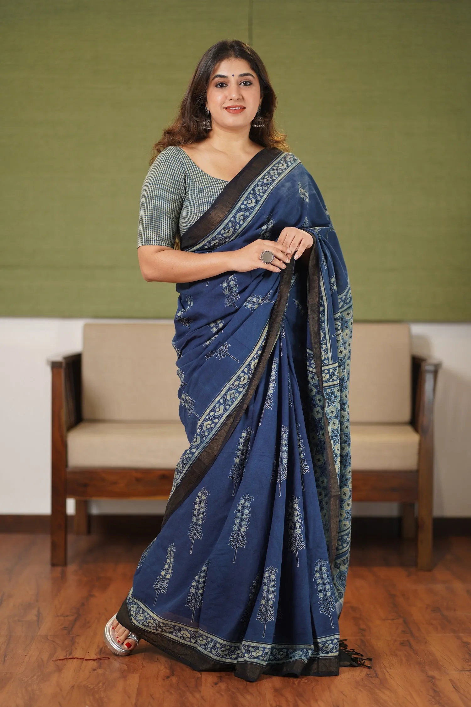 Ajrakh Natural Dyed South Cotton Zari Border Saree