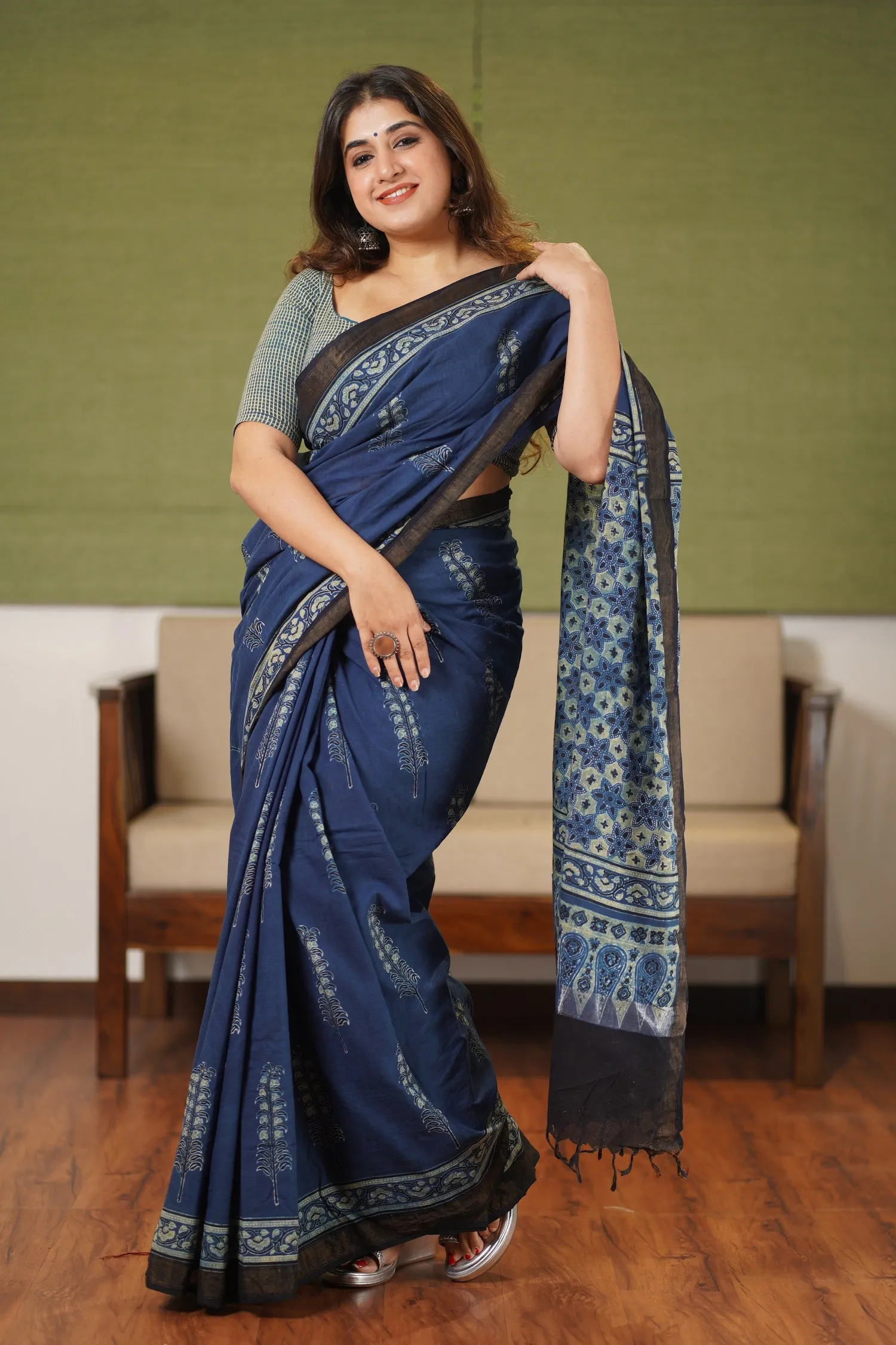 Ajrakh Natural Dyed South Cotton Zari Border Saree