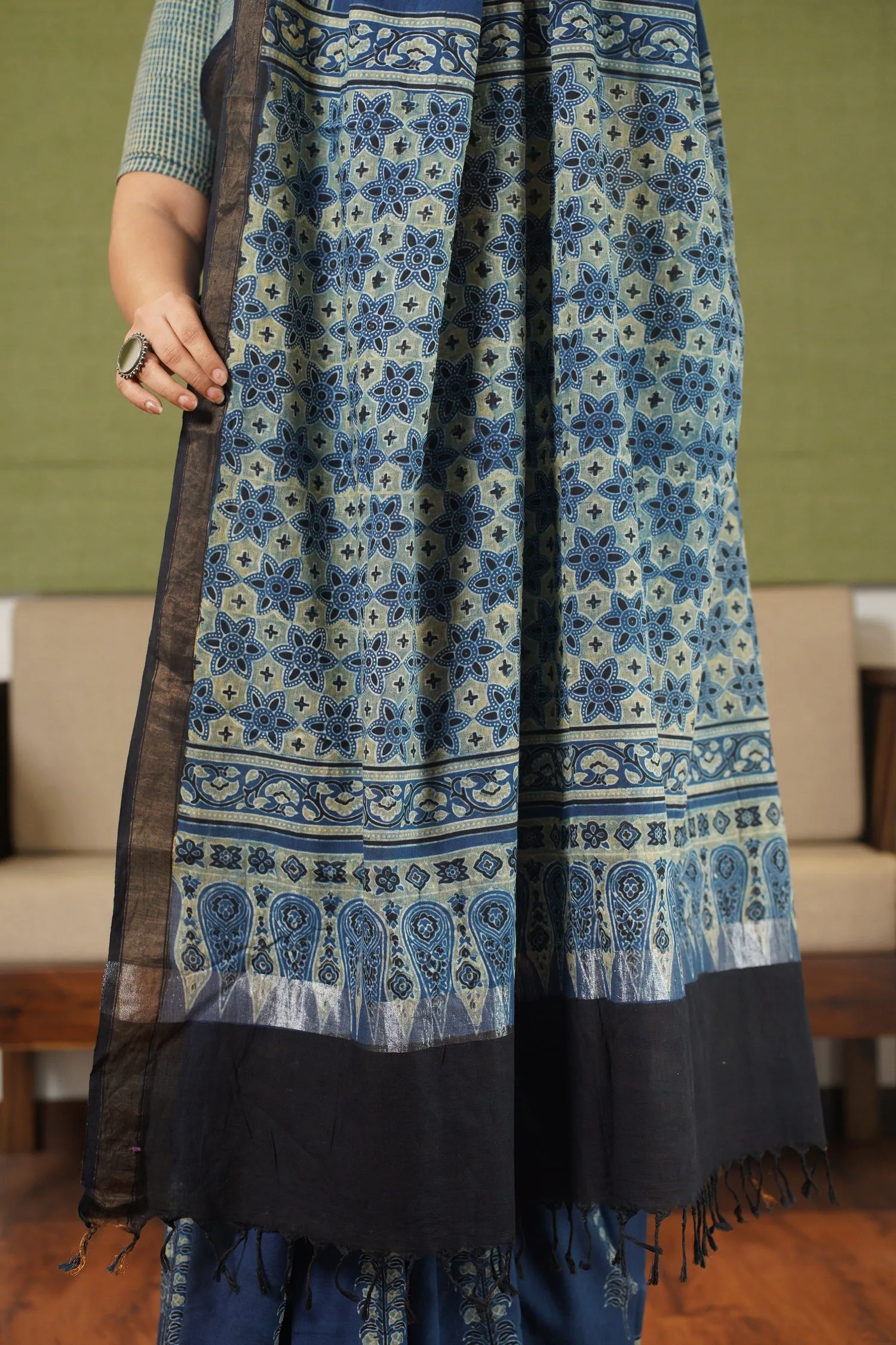 Ajrakh Natural Dyed South Cotton Zari Border Saree