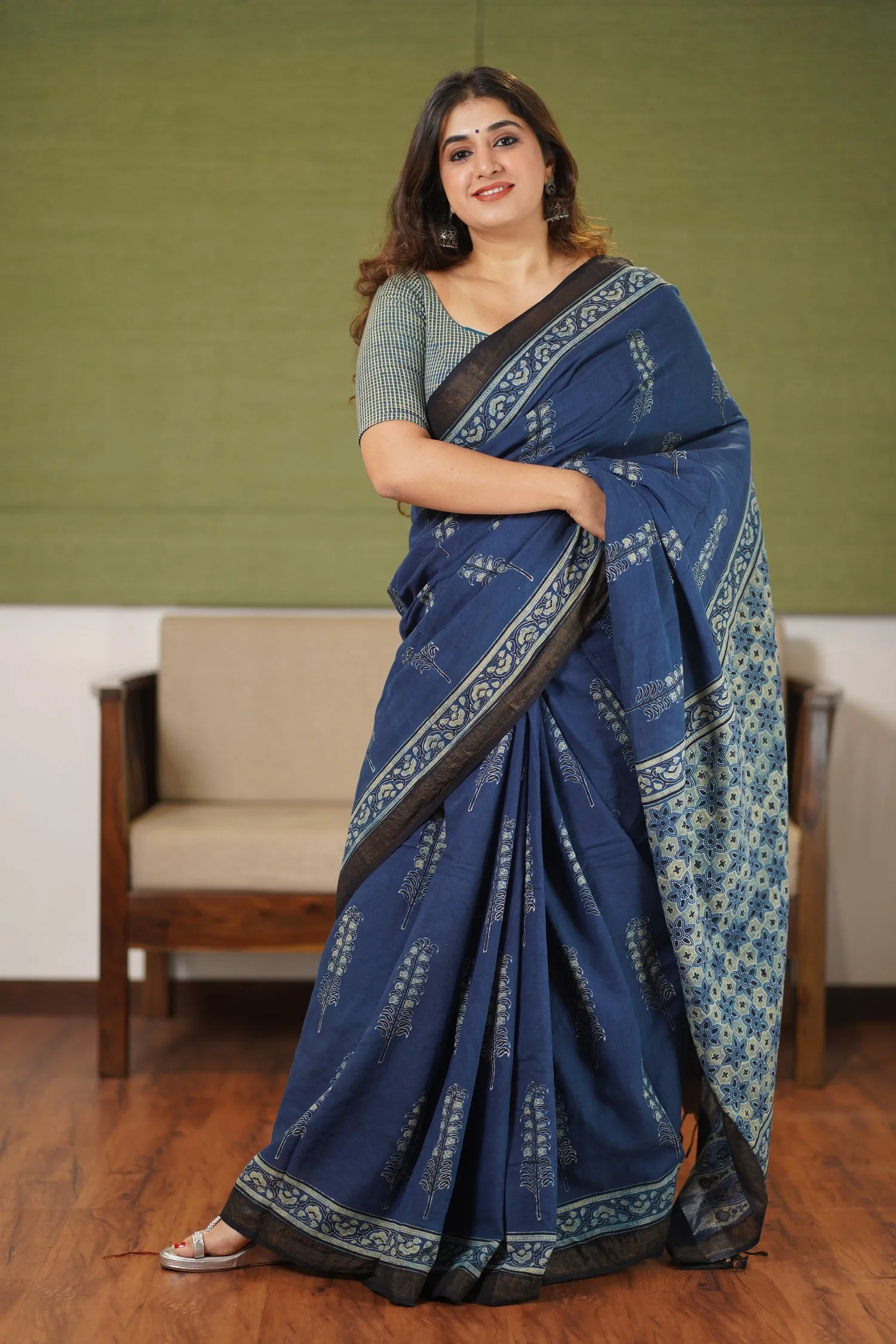 Ajrakh Natural Dyed South Cotton Zari Border Saree