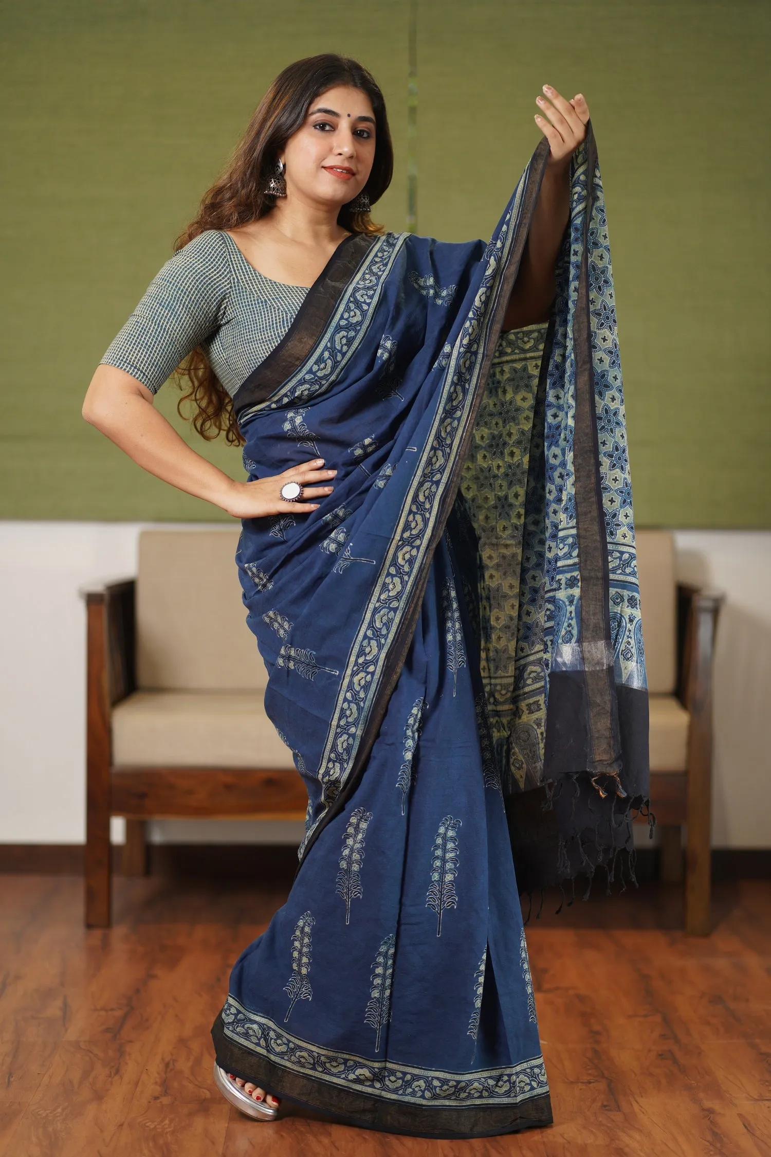 Ajrakh Natural Dyed South Cotton Zari Border Saree