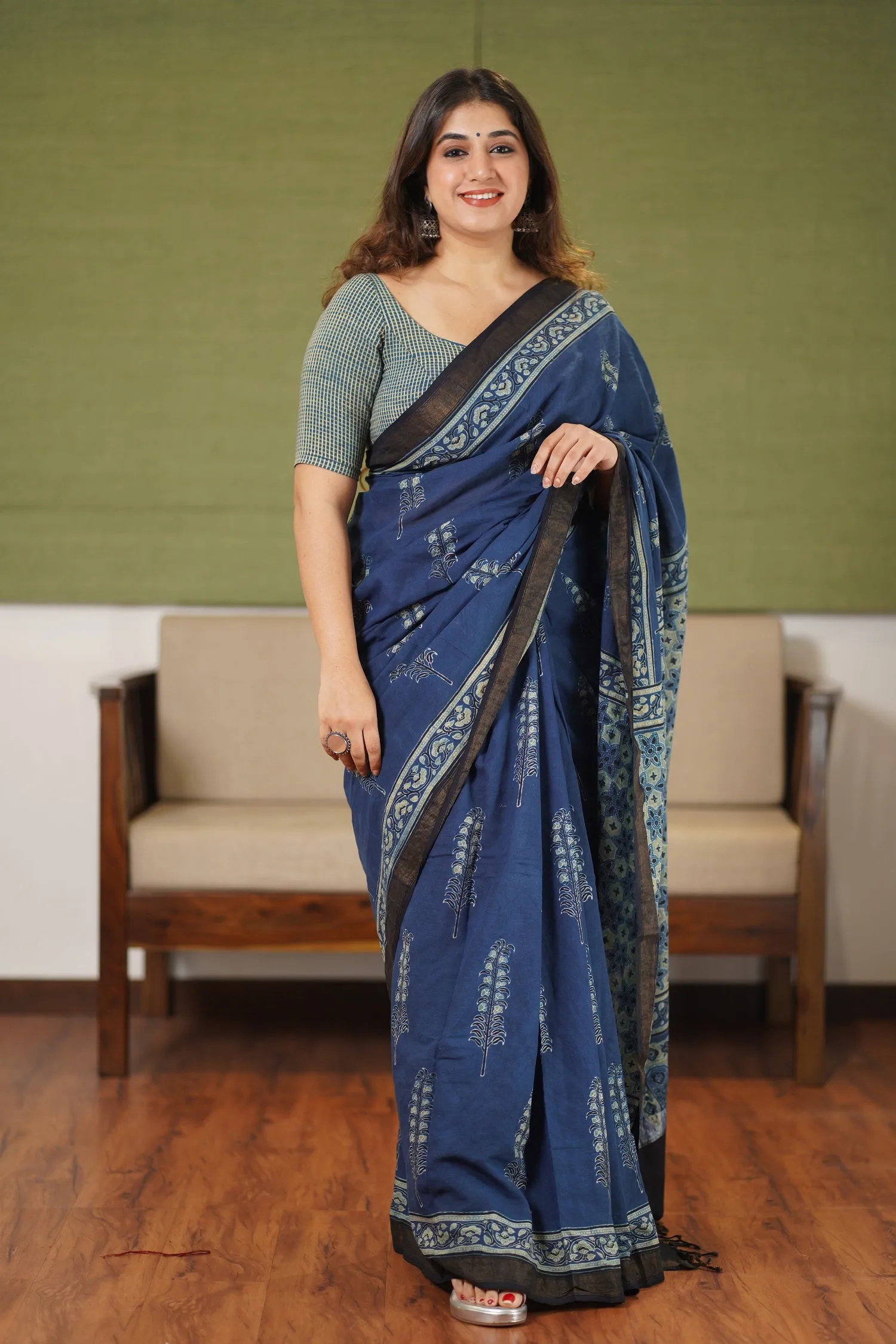 Ajrakh Natural Dyed South Cotton Zari Border Saree