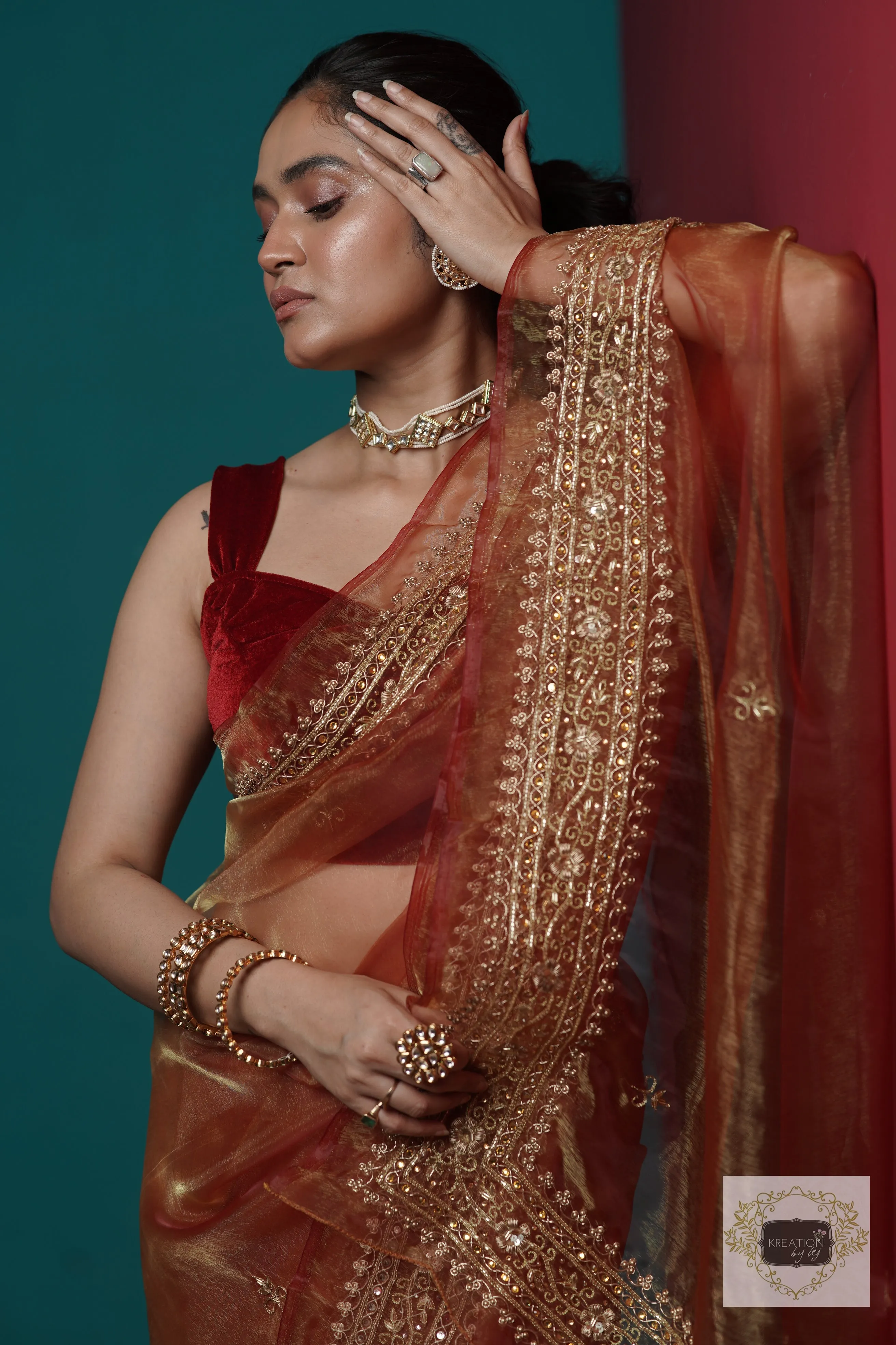 Auburn Glass Tissue Zarina Saree