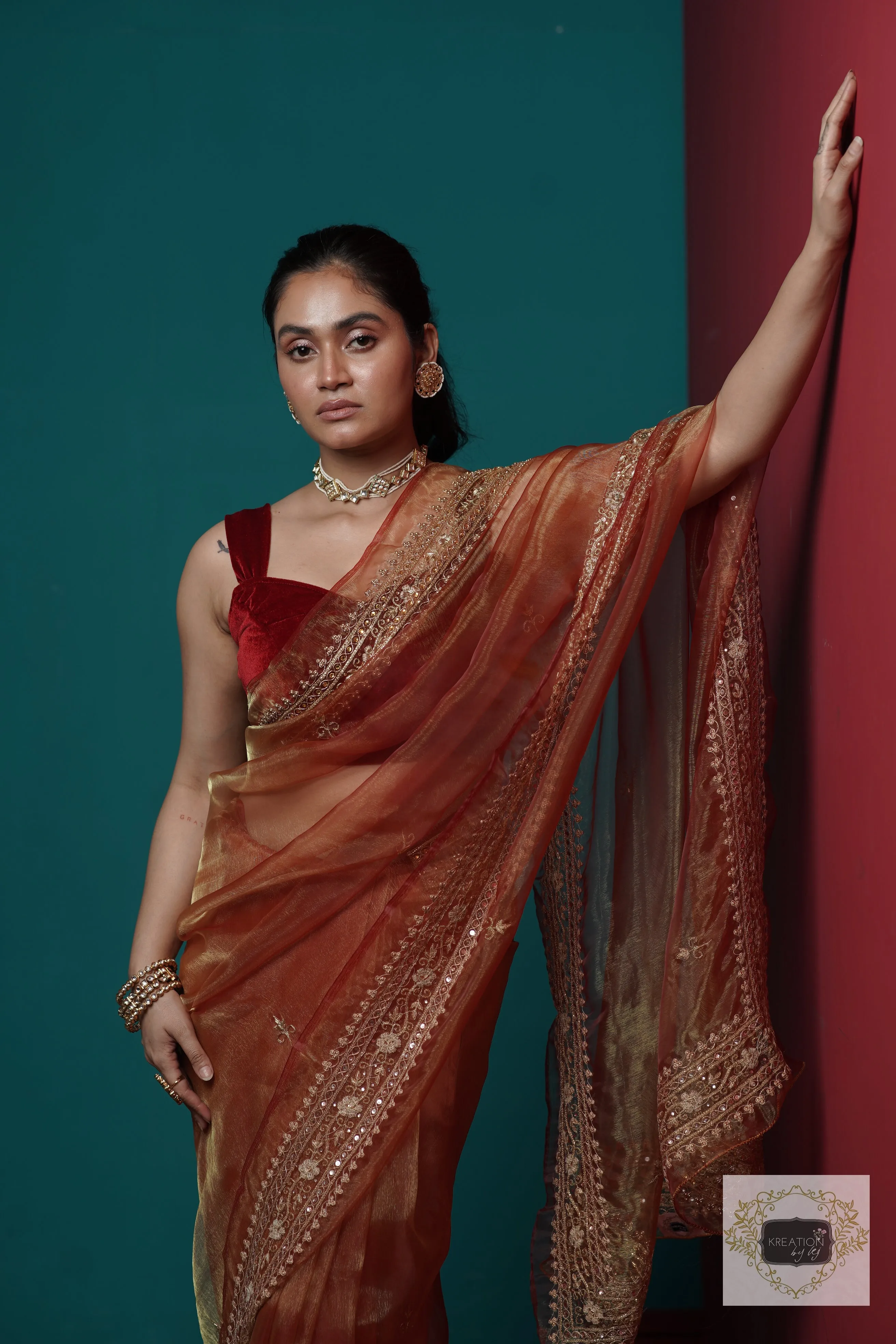 Auburn Glass Tissue Zarina Saree