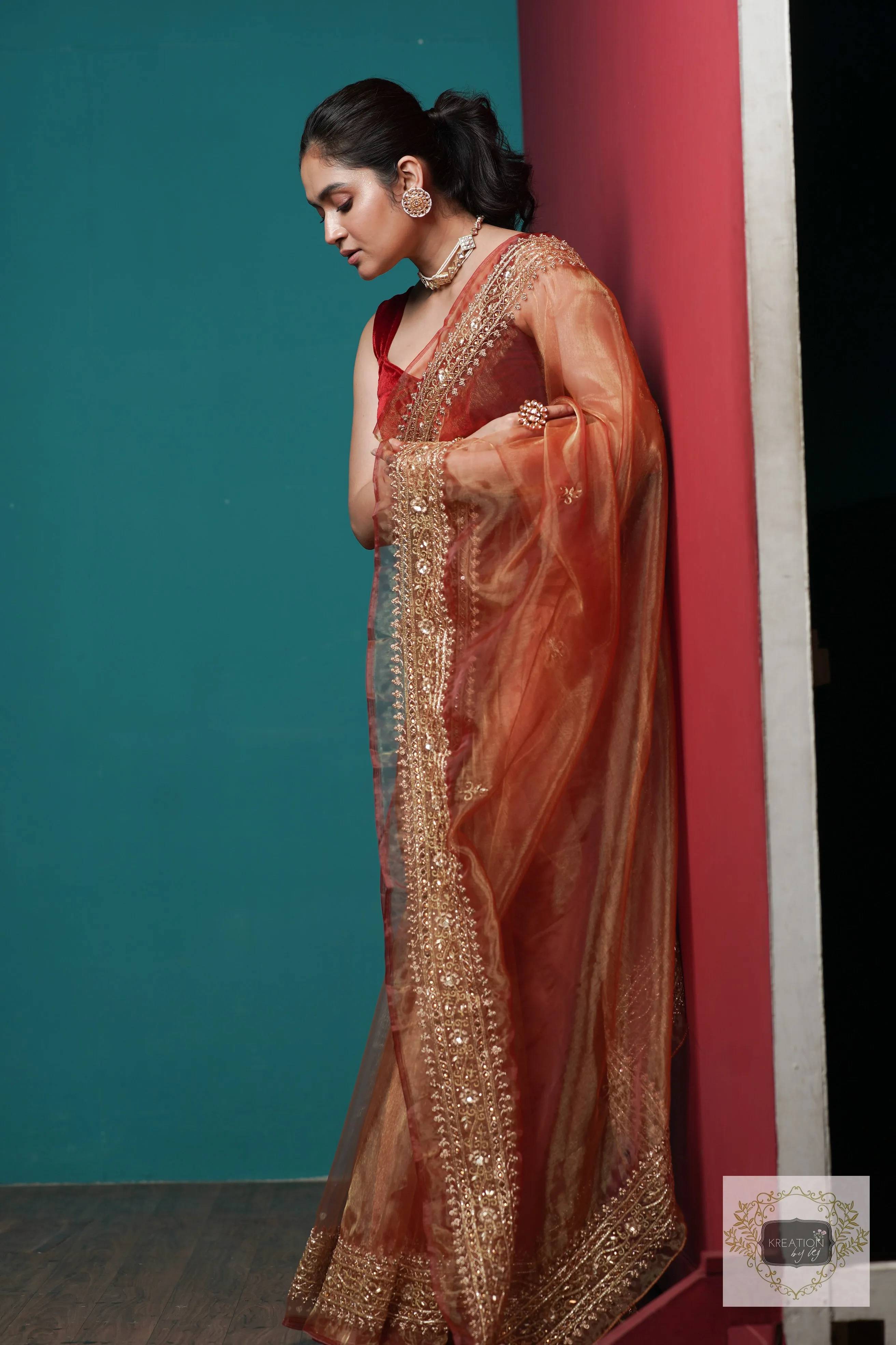 Auburn Glass Tissue Zarina Saree