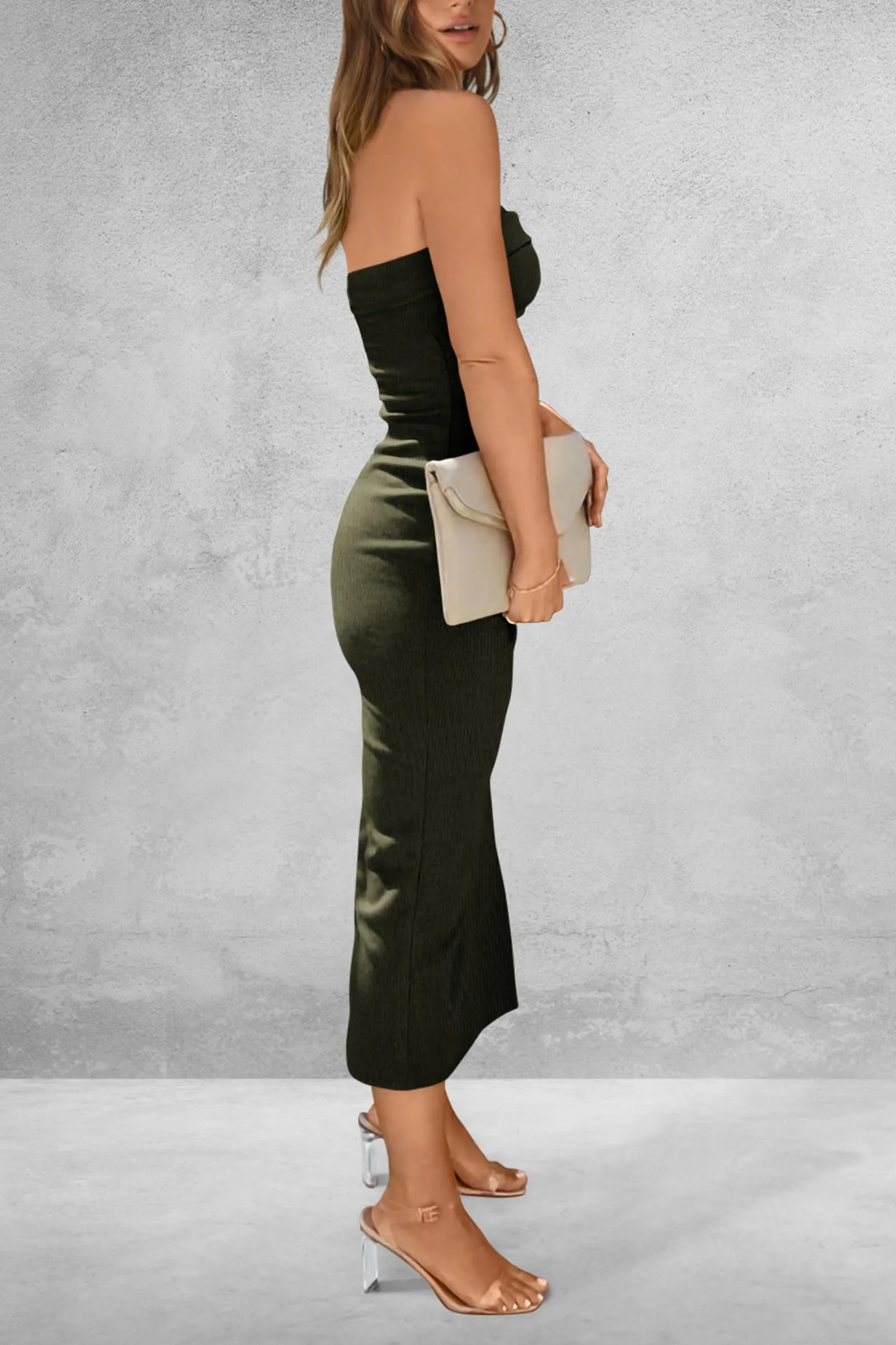 Beach Wedding Guest Attire: Elegant Slit Tube Midi Dress for Women