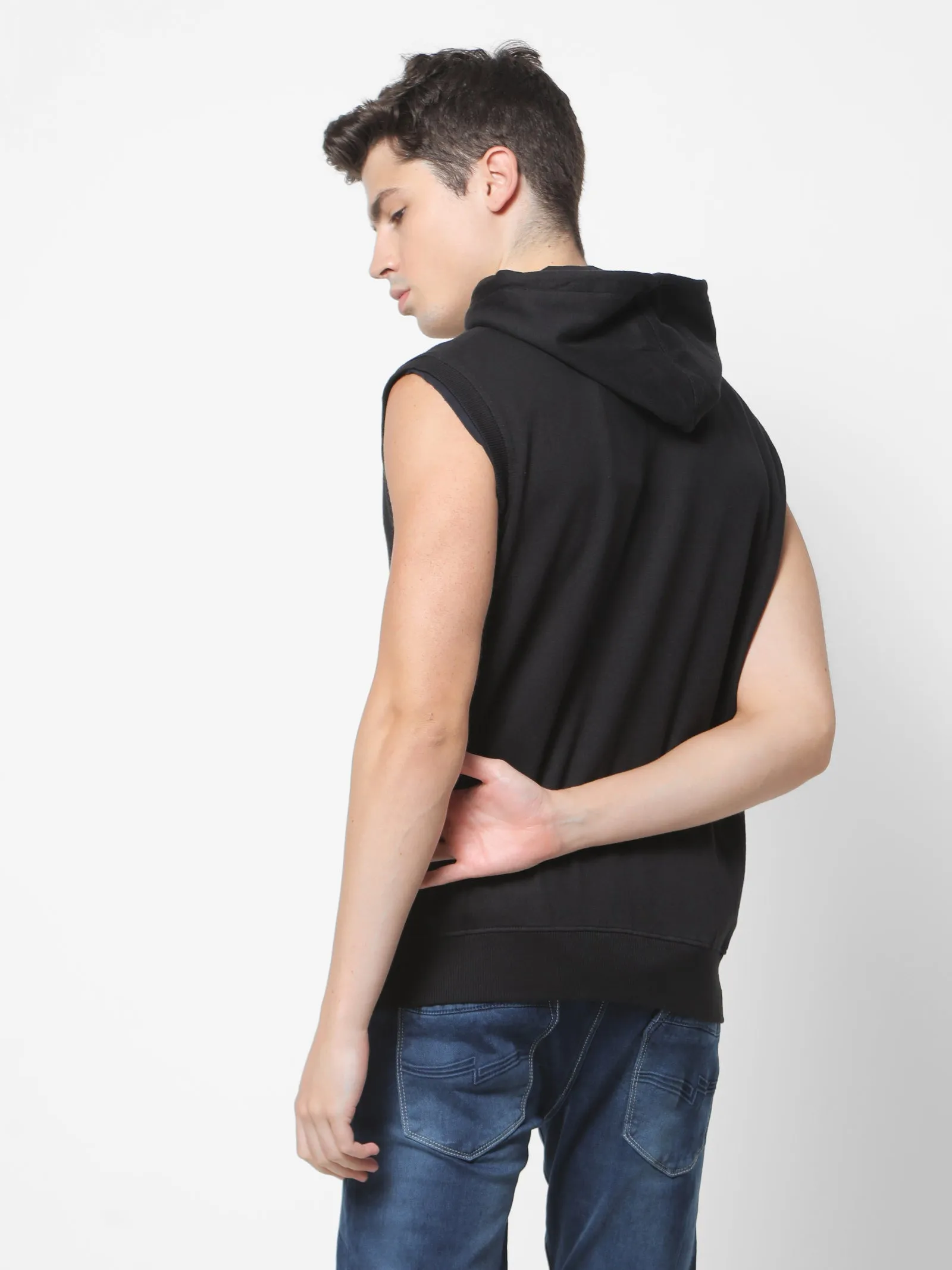 Black Solid Hooded Sleeveless Sweatshirt