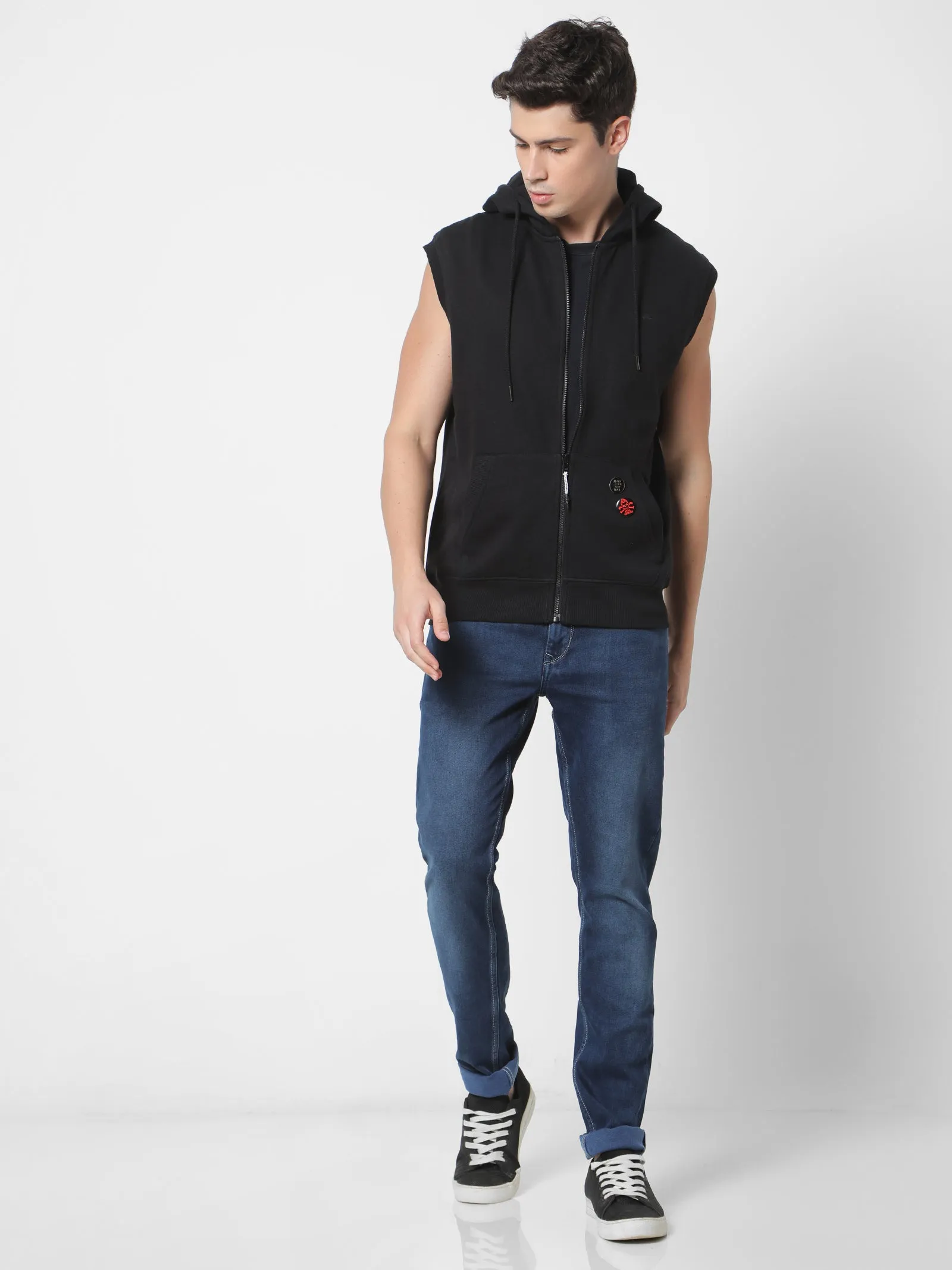 Black Solid Hooded Sleeveless Sweatshirt