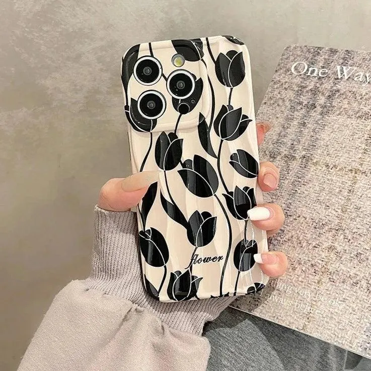 Black Tulip Flower Cute Phone Case for iPhone 11-15 Pro Max