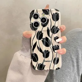 Black Tulip Flower Cute Phone Case for iPhone 11-15 Pro Max