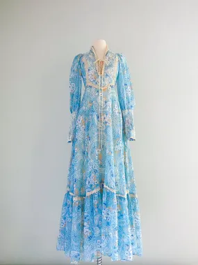 Blue Paisley Regency Style Cotton Maxi Dress / Sz S