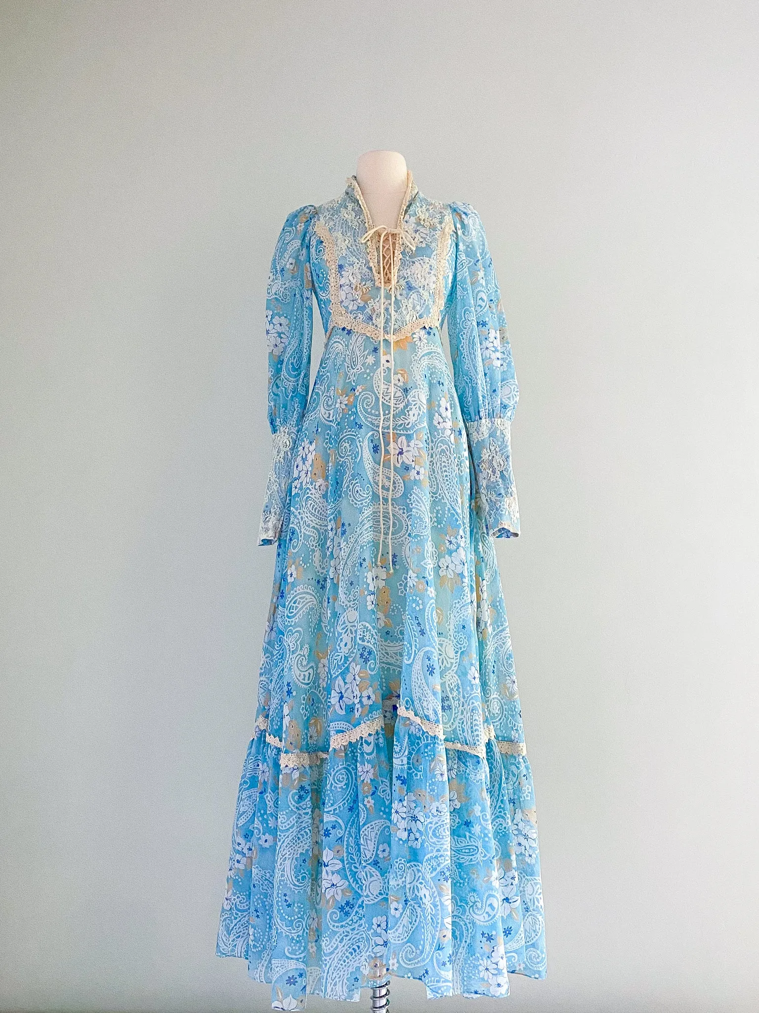 Blue Paisley Regency Style Cotton Maxi Dress / Sz S