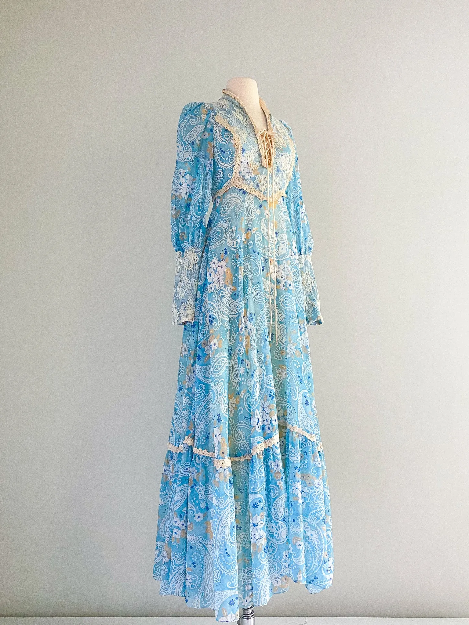 Blue Paisley Regency Style Cotton Maxi Dress / Sz S