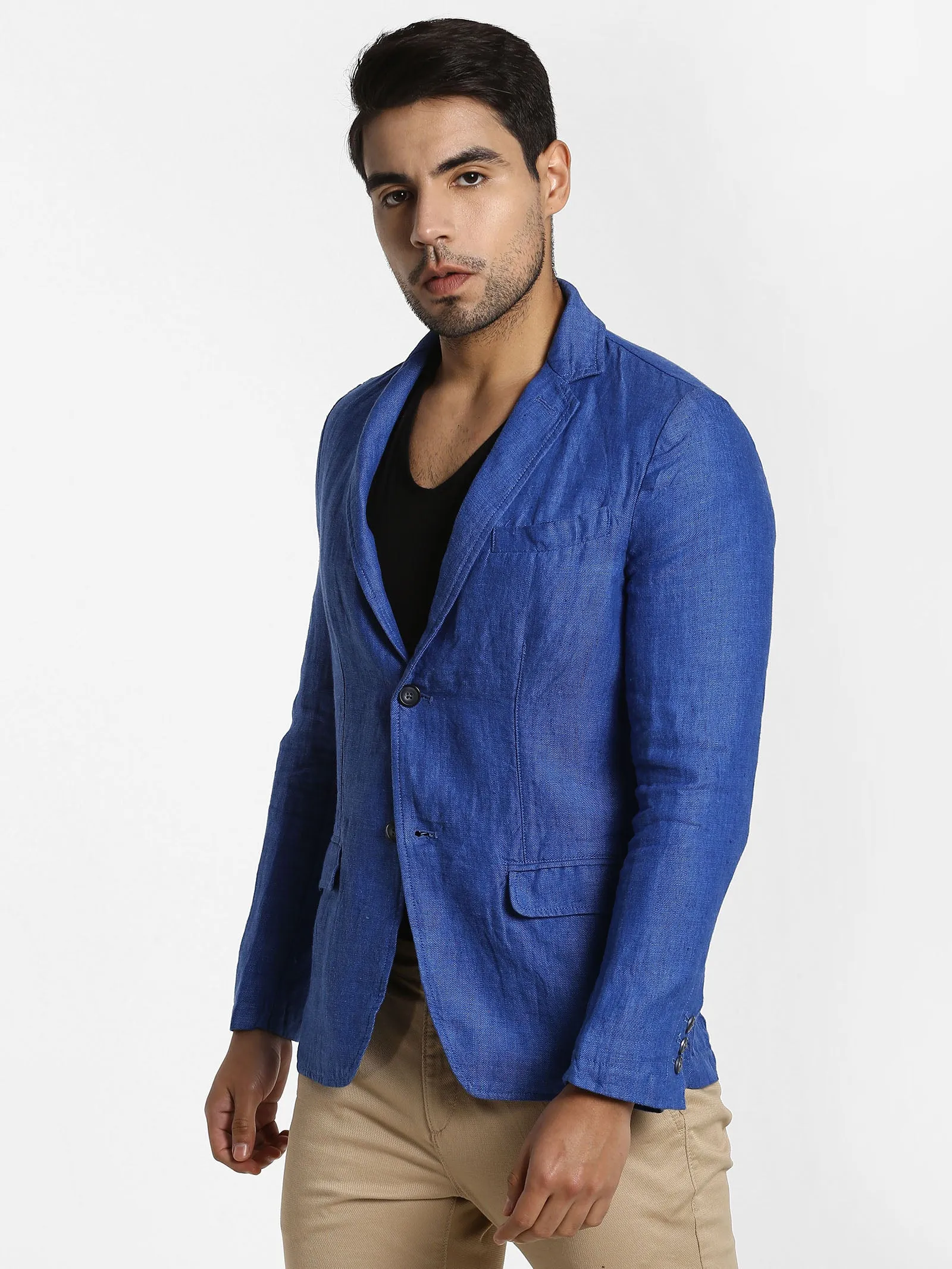 Blue Solid Linen Blazer