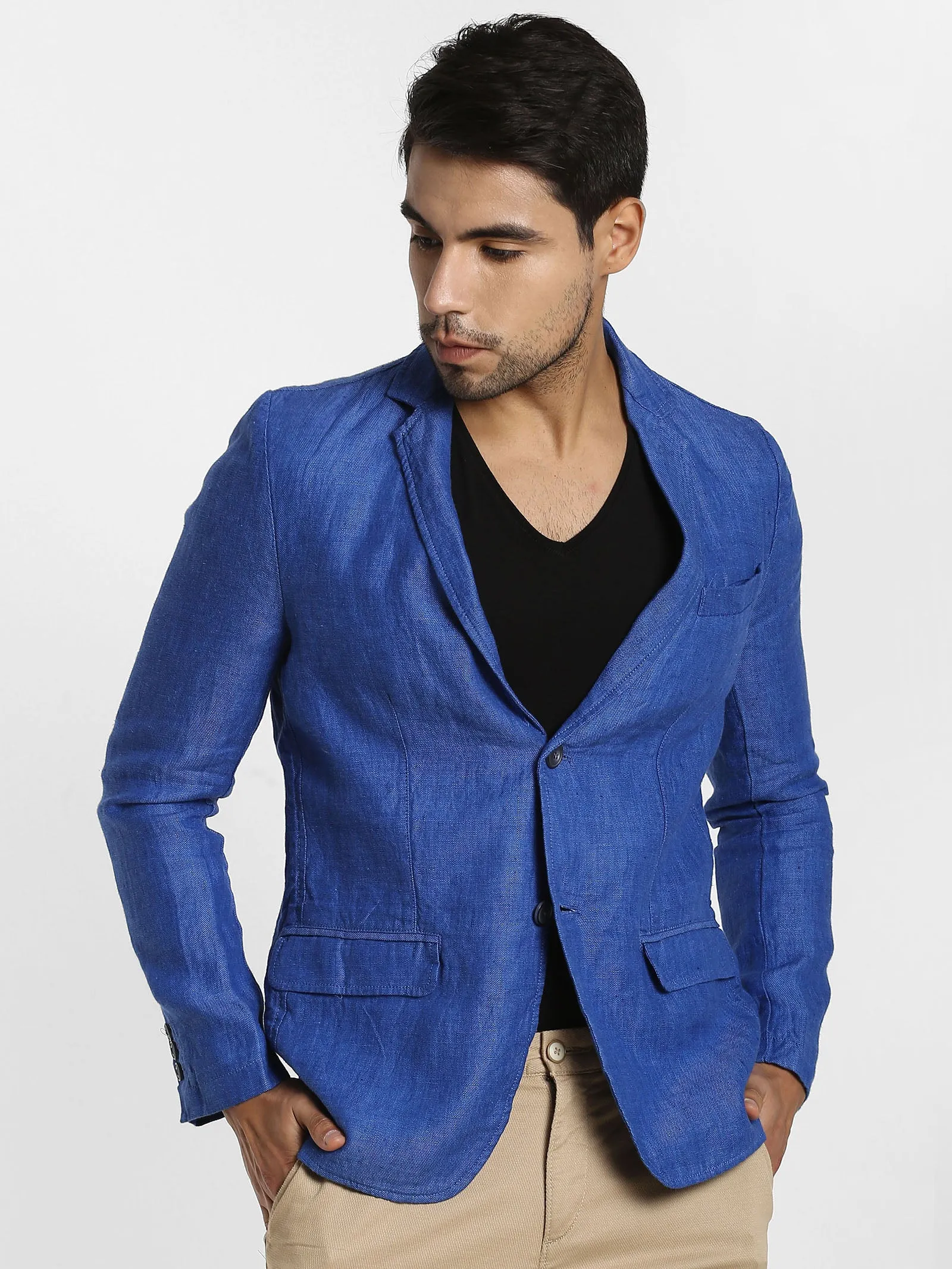 Blue Solid Linen Blazer