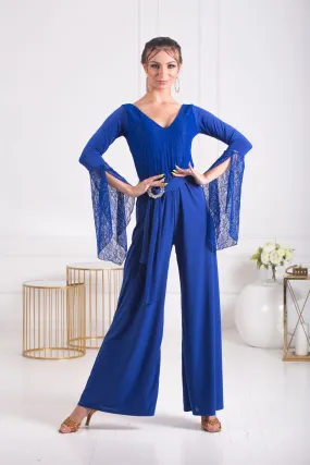 Body Positive Senga Dancewear BLUET Jumpsuit with Wide Legs, Lace Sleeves, and Belt with Elegant Buckle Sizes XL-4XL PRA 1069 in Stock