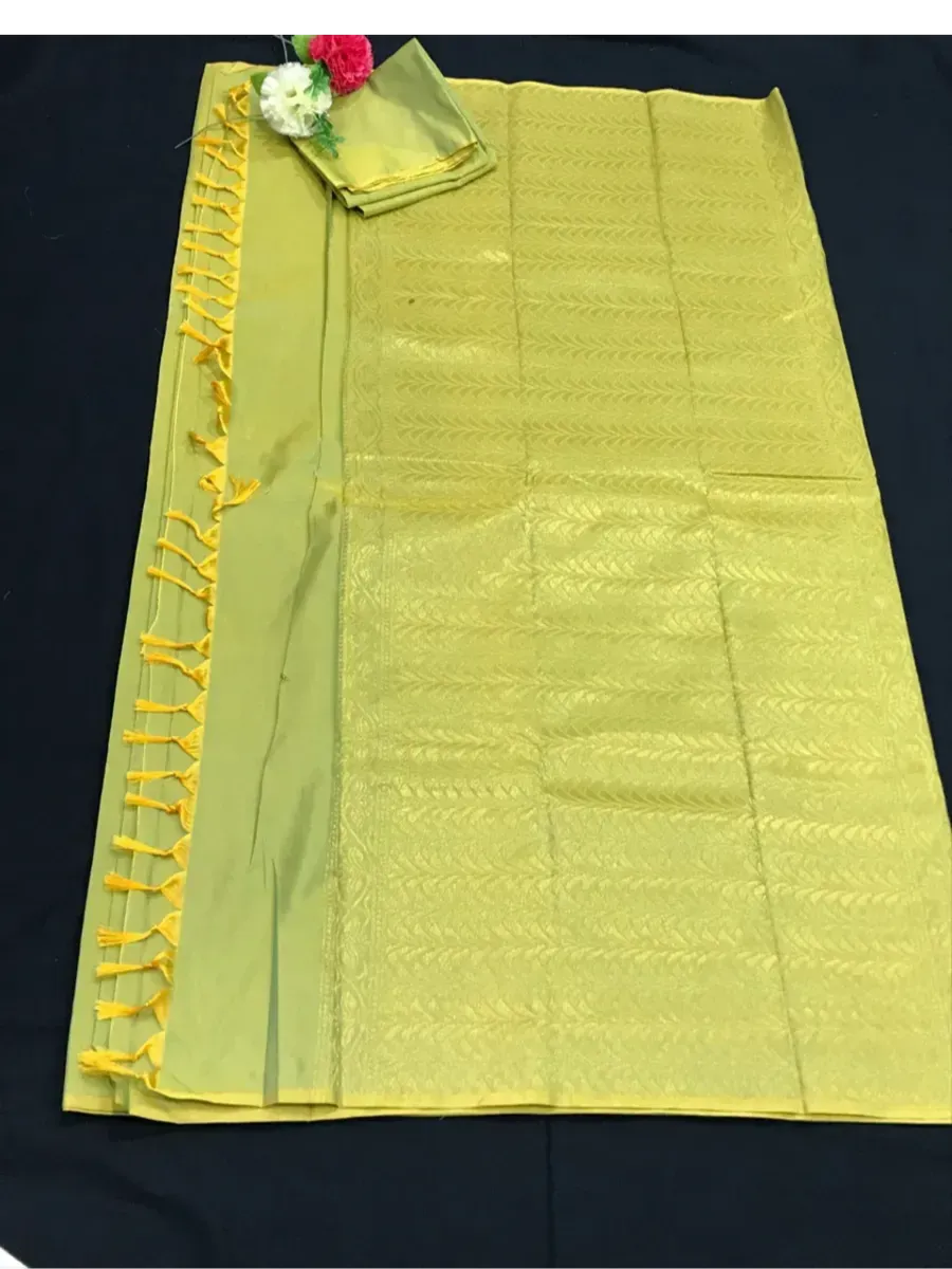 Borderless Two Tone Limeade Gold Pure Kanchi Silk Saree - SILKMARK CERTIFIED