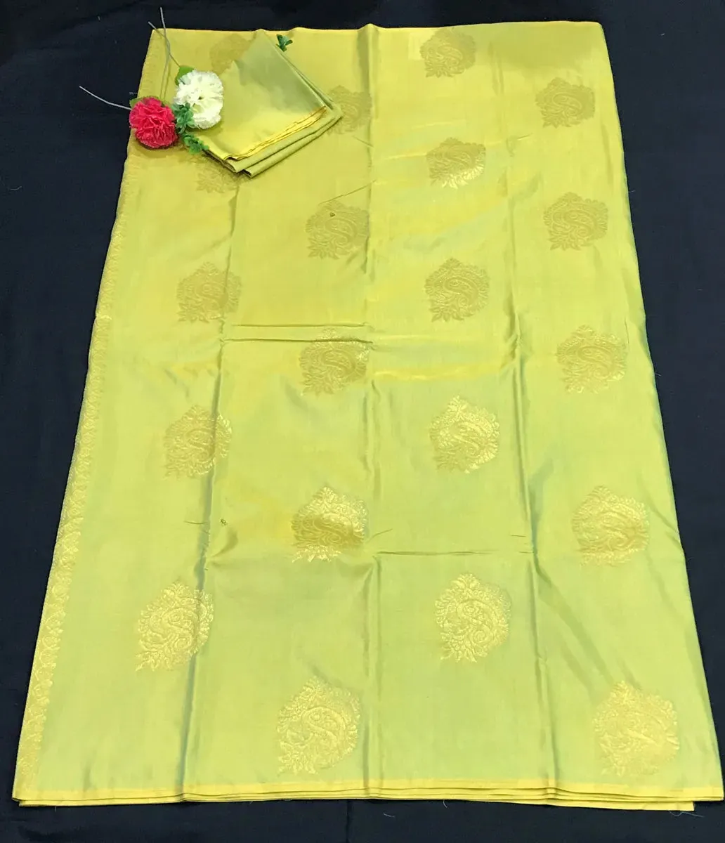 Borderless Two Tone Limeade Gold Pure Kanchi Silk Saree - SILKMARK CERTIFIED