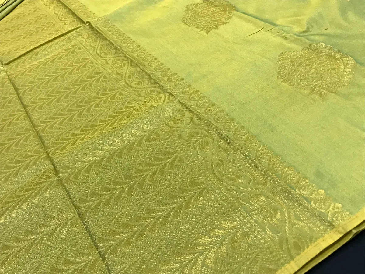 Borderless Two Tone Limeade Gold Pure Kanchi Silk Saree - SILKMARK CERTIFIED