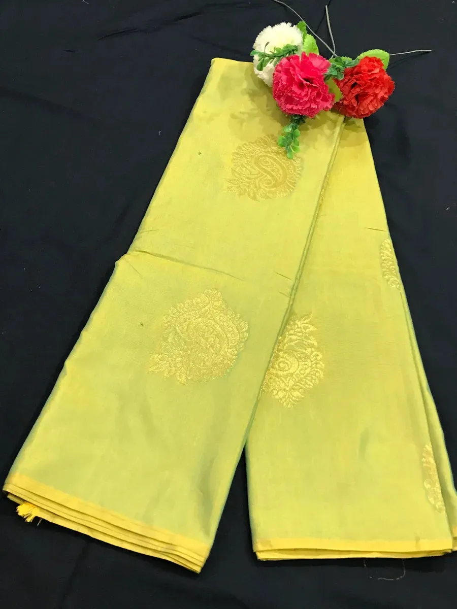 Borderless Two Tone Limeade Gold Pure Kanchi Silk Saree - SILKMARK CERTIFIED