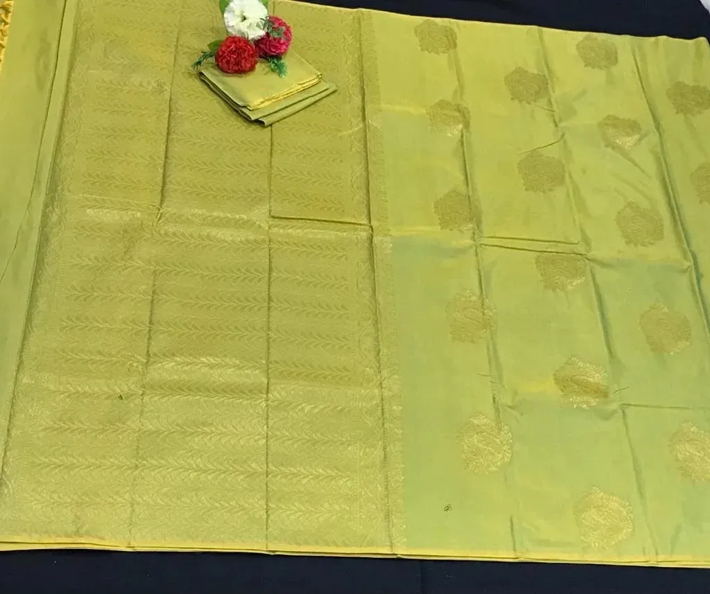 Borderless Two Tone Limeade Gold Pure Kanchi Silk Saree - SILKMARK CERTIFIED