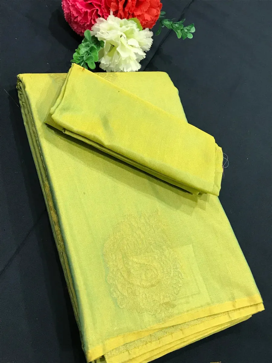 Borderless Two Tone Limeade Gold Pure Kanchi Silk Saree - SILKMARK CERTIFIED