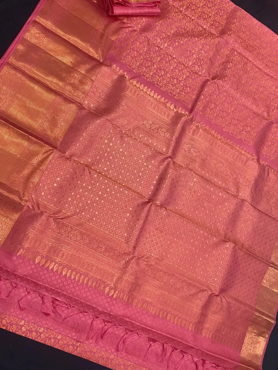 Bridal Gorgeous Pink Pure Kanjeevaram Silk Saree With Gold Zari Brocade And Jacquard Border - SILKMARK CERTIFIED