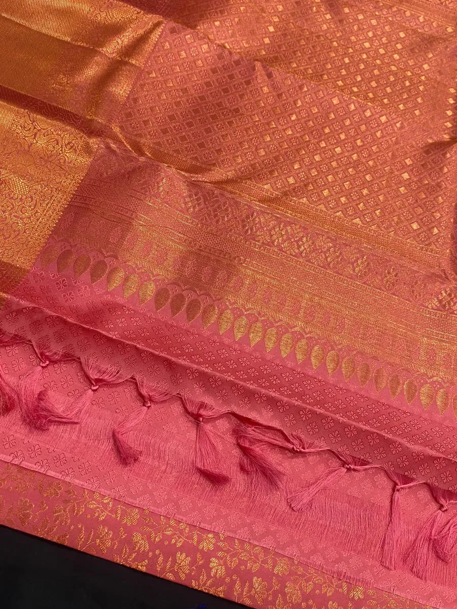 Bridal Gorgeous Pink Pure Kanjeevaram Silk Saree With Gold Zari Brocade And Jacquard Border - SILKMARK CERTIFIED