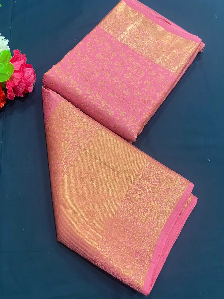 Bridal Gorgeous Pink Pure Kanjeevaram Silk Saree With Gold Zari Brocade And Jacquard Border - SILKMARK CERTIFIED