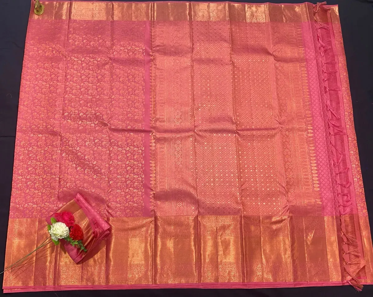 Bridal Gorgeous Pink Pure Kanjeevaram Silk Saree With Gold Zari Brocade And Jacquard Border - SILKMARK CERTIFIED