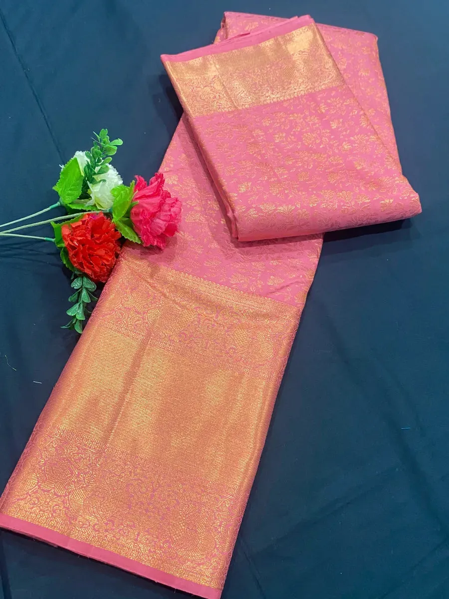 Bridal Gorgeous Pink Pure Kanjeevaram Silk Saree With Gold Zari Brocade And Jacquard Border - SILKMARK CERTIFIED